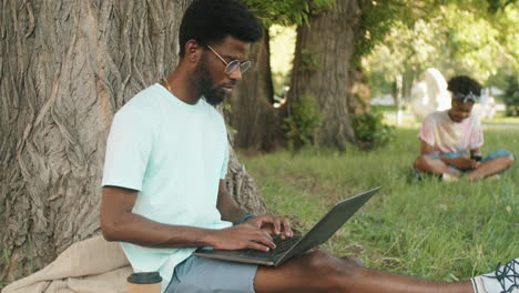 Junger-Afroamerikanischer-Mann,-Der-Im-Park-Am-Laptop-Arbeitet